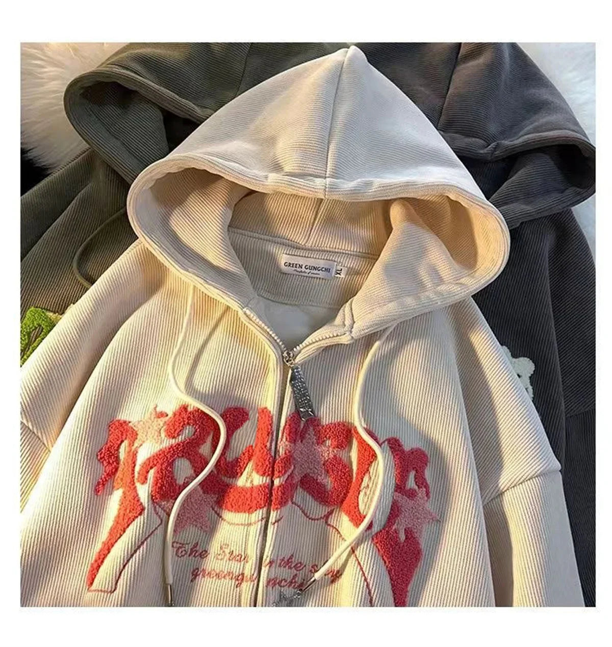 Women Y2K Embroidery Retro Hoodies Autumn Winter Corduroy Zip Up Hoodie Long Sleeve Fashion Loose Graphic Sweatshirt Casual Coat