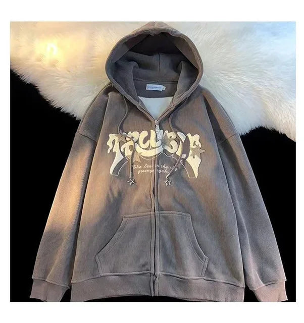 Women Y2K Embroidery Retro Hoodies Autumn Winter Corduroy Zip Up Hoodie Long Sleeve Fashion Loose Graphic Sweatshirt Casual Coat