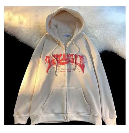 Women Y2K Embroidery Retro Hoodies Autumn Winter Corduroy Zip Up Hoodie Long Sleeve Fashion Loose Graphic Sweatshirt Casual Coat