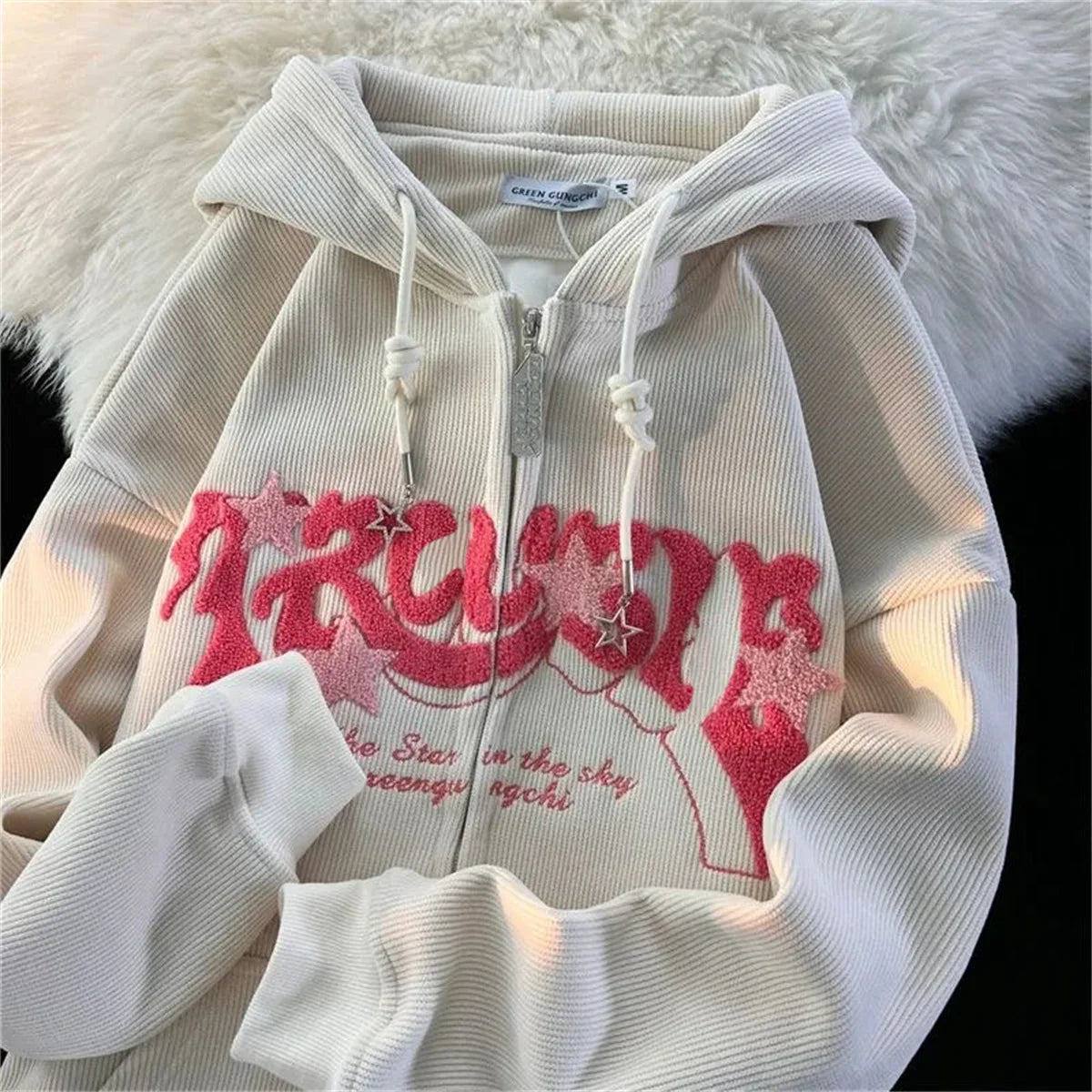 Women Y2K Embroidery Retro Hoodies Autumn Winter Corduroy Zip Up Hoodie Long Sleeve Fashion Loose Graphic Sweatshirt Casual Coat